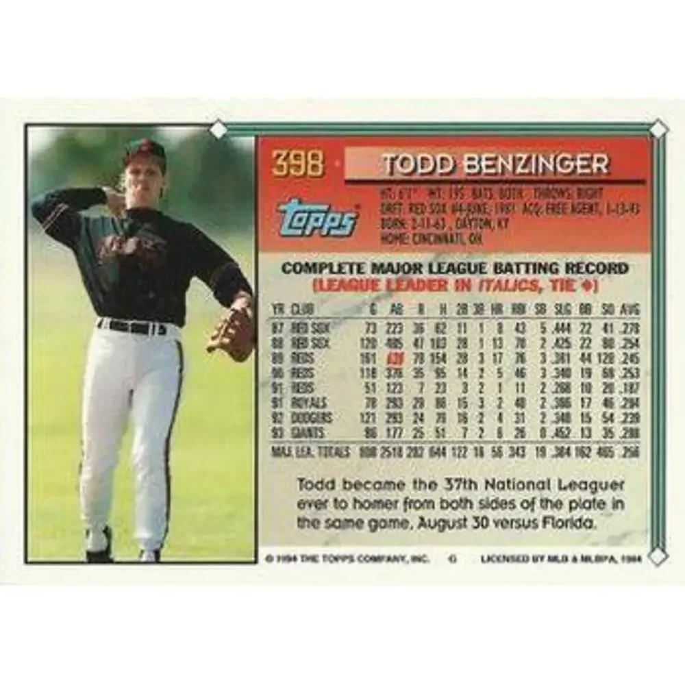 1994 Topps Todd Benzinger # 398 San Francisco Giants